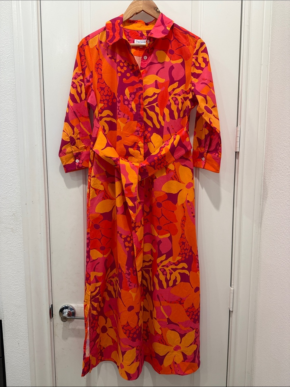 Perlavera Bold Pink & Orange Floral Midi Shirt Dress with Tie Waist